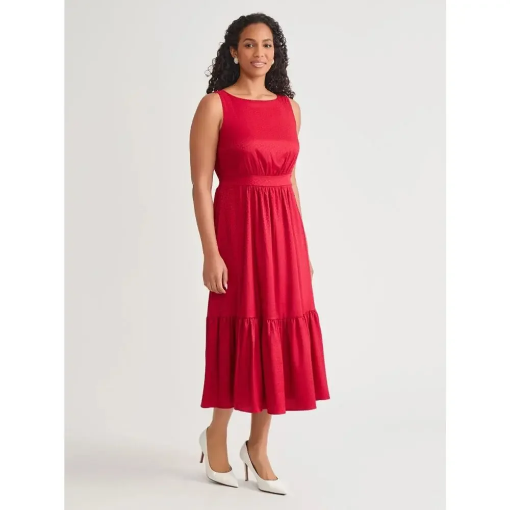 Kasper Women Crimson Red Satin Tiered Sleeveless Boat Neck Midi Dress Size L - Picture 3 of 5